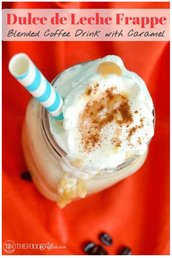 Homemade blended coffee drink with caramel sauce!  Enjoy this copycat Frappuccino drink at home with much healthier ingredients! #copycat #frappuccino #frappe #beverage #coffee #icecoffee #Starbucks #thefoodieaffair