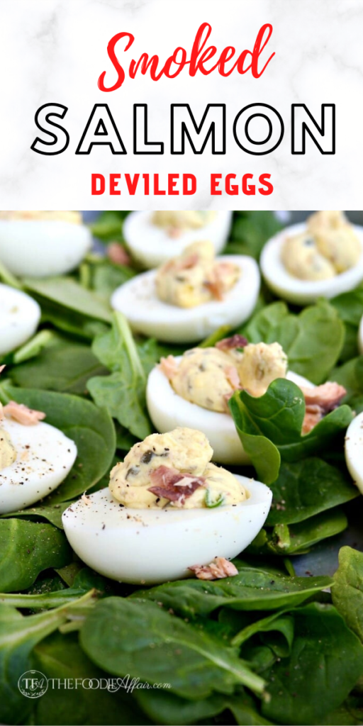Take those hard boiled eggs and turn of the flavor with these smoked salmon deviled eggs! Tons of protein from the Greek yogurt. #egg #easter