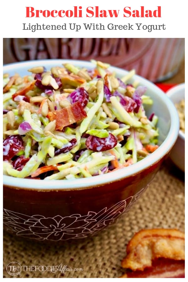 This favorite potluck broccoli slaw salad got a makeover! Lightened up dressing and instead of using broccoli florets, shredded broccoli slaw is used in this dish! #broccoli #slaw #bbq #salad #lowcarb | www.thefoodieaffair.com