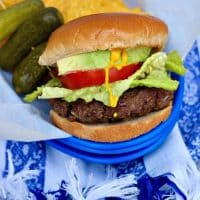 Classic Grilled Hamburger in a blue tray