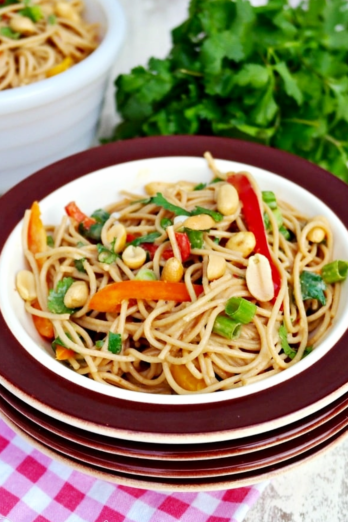 A serving of noodles in a bowl with sliced bell peppers and peanuts. 
