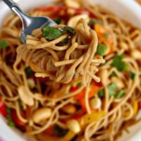 Pasta with Peanut Sauce in a white bowl