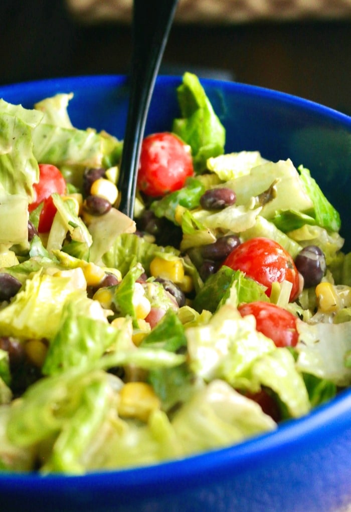 Black beans and corn salad mixed in a salad bowl ready to be eated