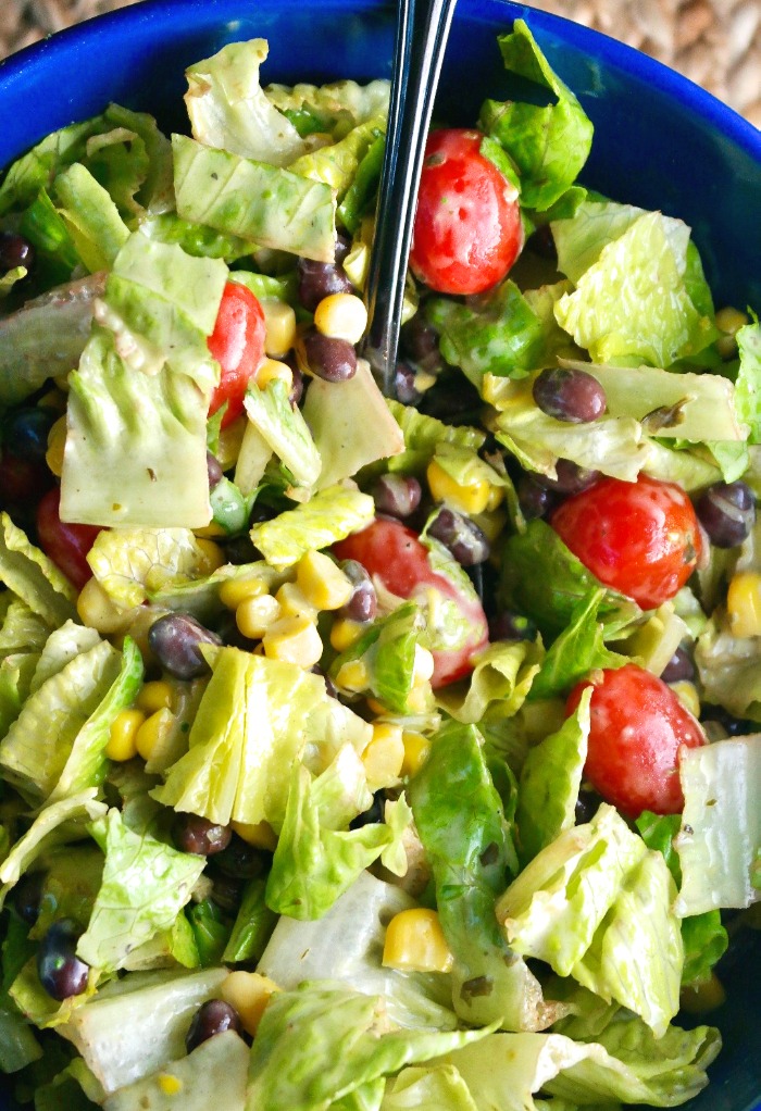 Black bean and corn salad prepared and ready to be served.