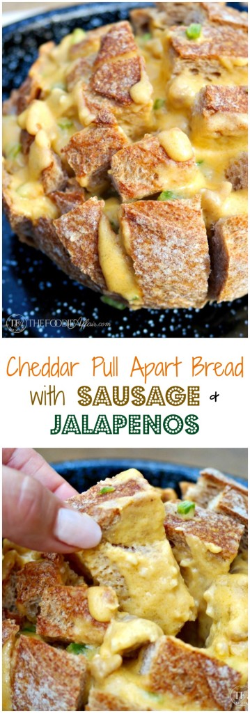 Cheesy Cheddar Pull Apart Bread with sausage and jalapeños is the ultimate party appetizer!