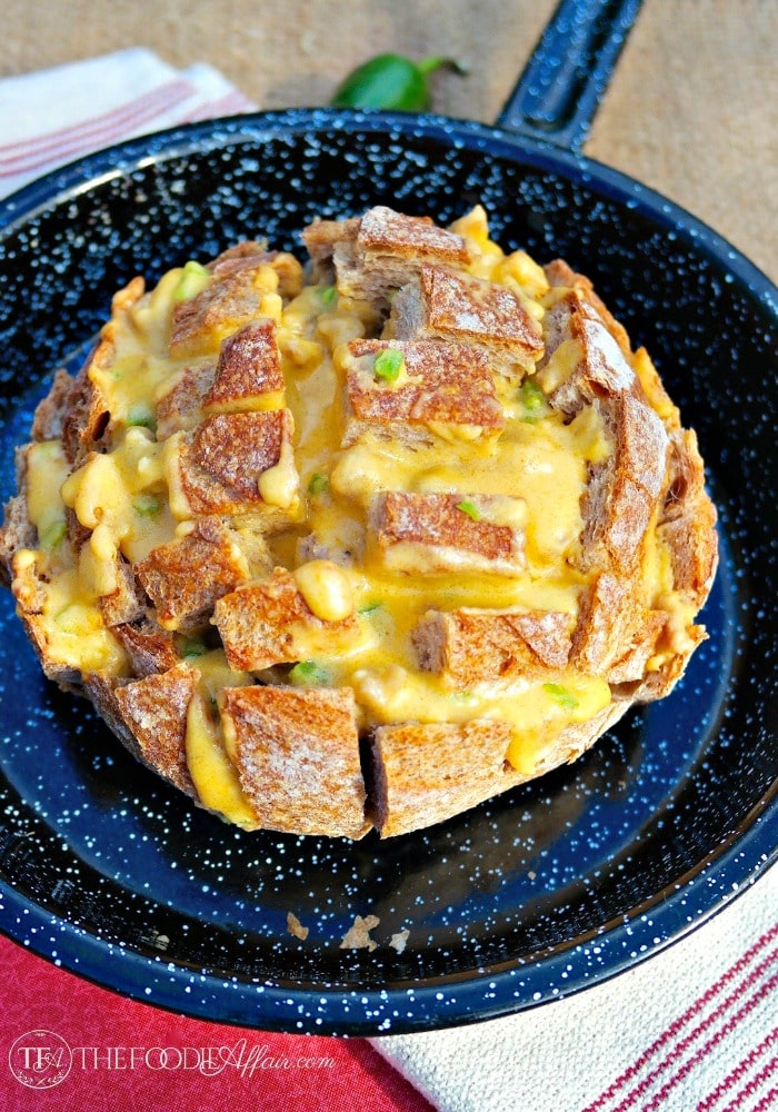 Cheesy Cheddar Pull Apart Bread with sausage and jalapeños is the ultimate party appetizer!