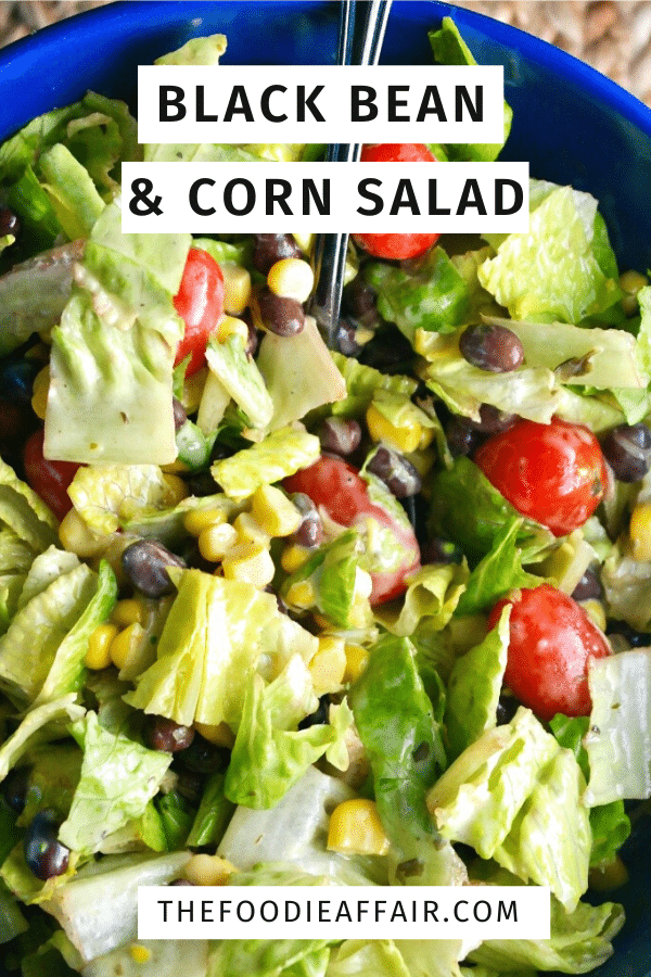 Folded in this healthy black bean and corn salad is a creamy dressing made with yogurt, lime,  jalapeño and cilantro. Serve as a main dish, a side with grilled chicken or scoop it up with tortilla chips! #salad #southwestern #blackbeans #summersalad #recipe