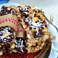 Layered dark chocolate, coconut and nuts bars