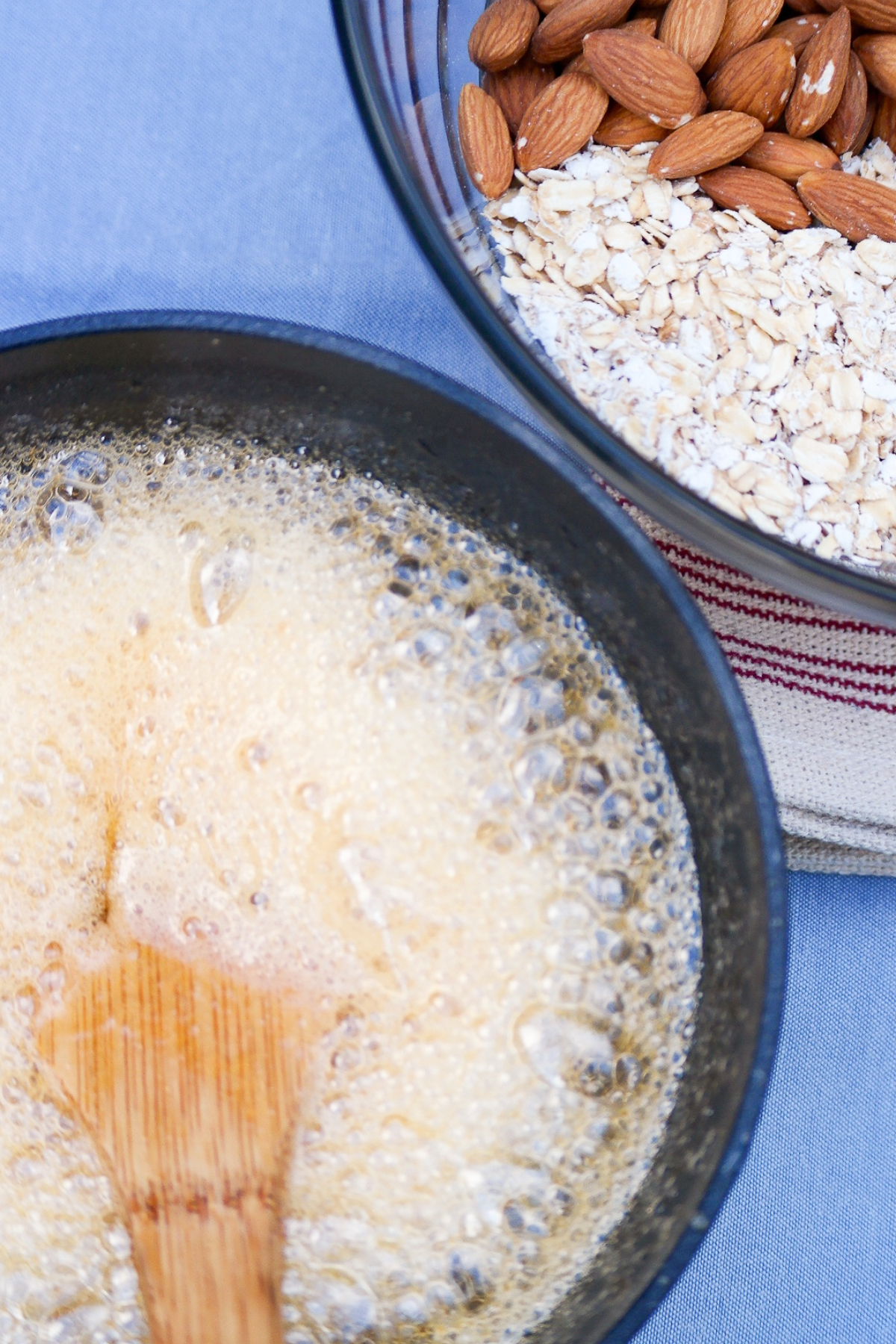 Filling mix in a saucepan for homemade snack bars. 