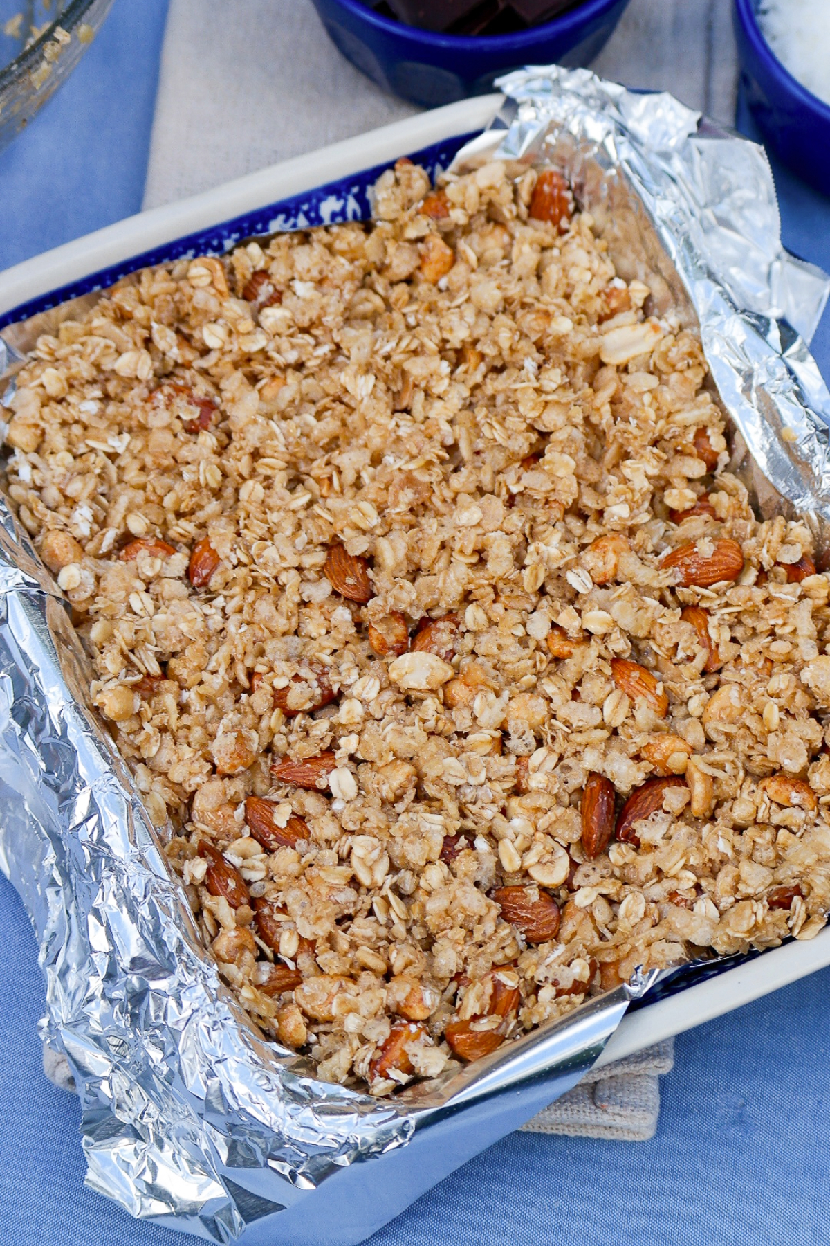 Oatmeal bars in a baking dish right out of the oven. 