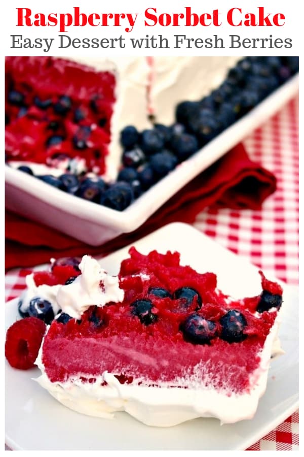 Quick, easy and refreshing Raspberry Sorbet Cake with Blueberries is the perfect addition to your red, white and blue festivities! #icecream #sorbet #nobake #dessert #blueberries | www.thefoodieaffair.com