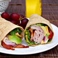 Turkey wrap sandwich on a white plate with grapes