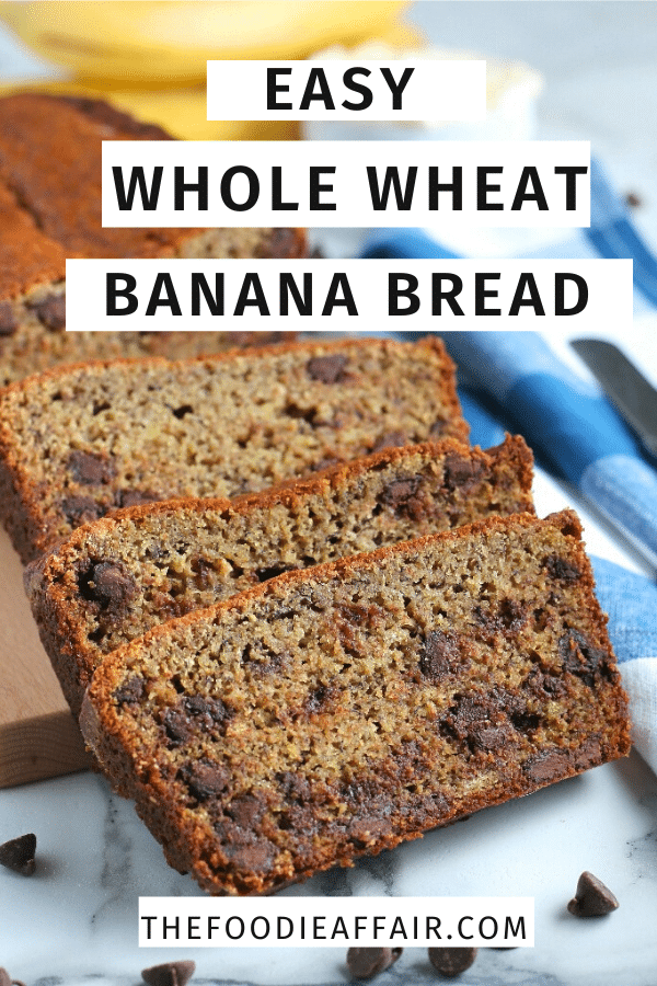 Banana bread with chocolate chips! This easy quick bread is made with whole wheat flour and comes together quickly. The hardest part is being patient while it bakes! #quickbread #banana 