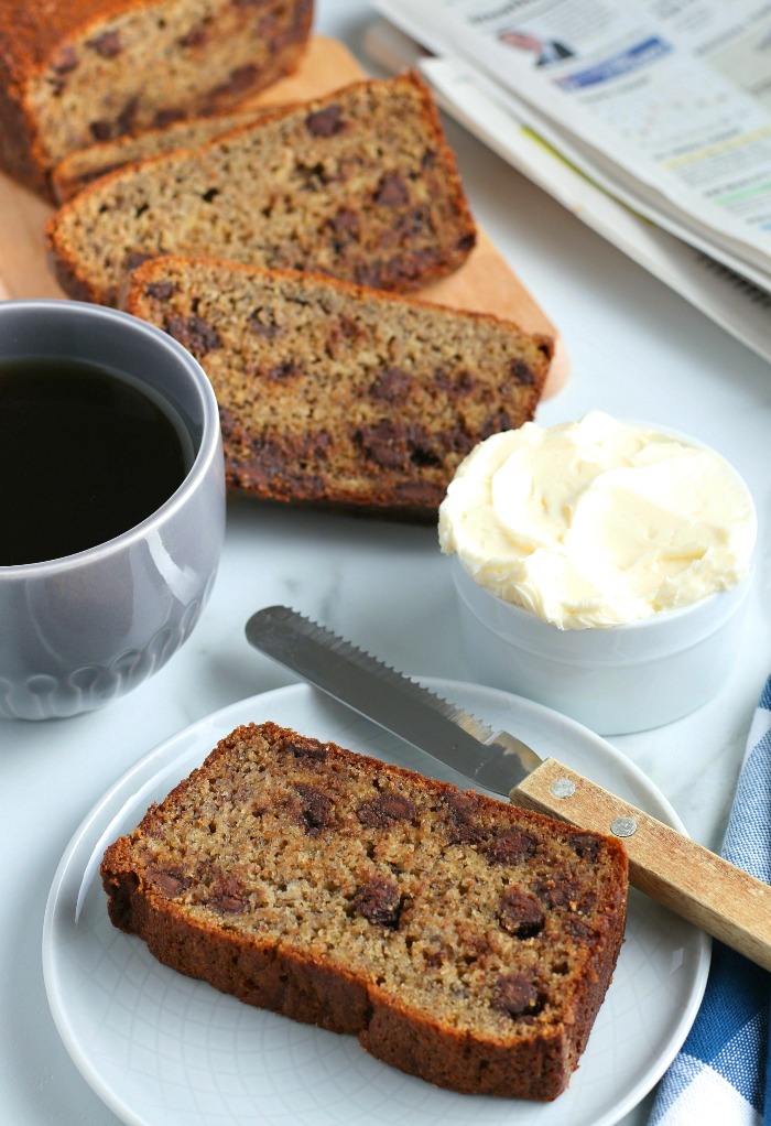 A closer view of the finished recipe for banana bread with chocolate chips. 