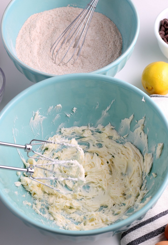 Here we see the butter and the sugar ready to be combined for the easy banana bread with chocolate chips