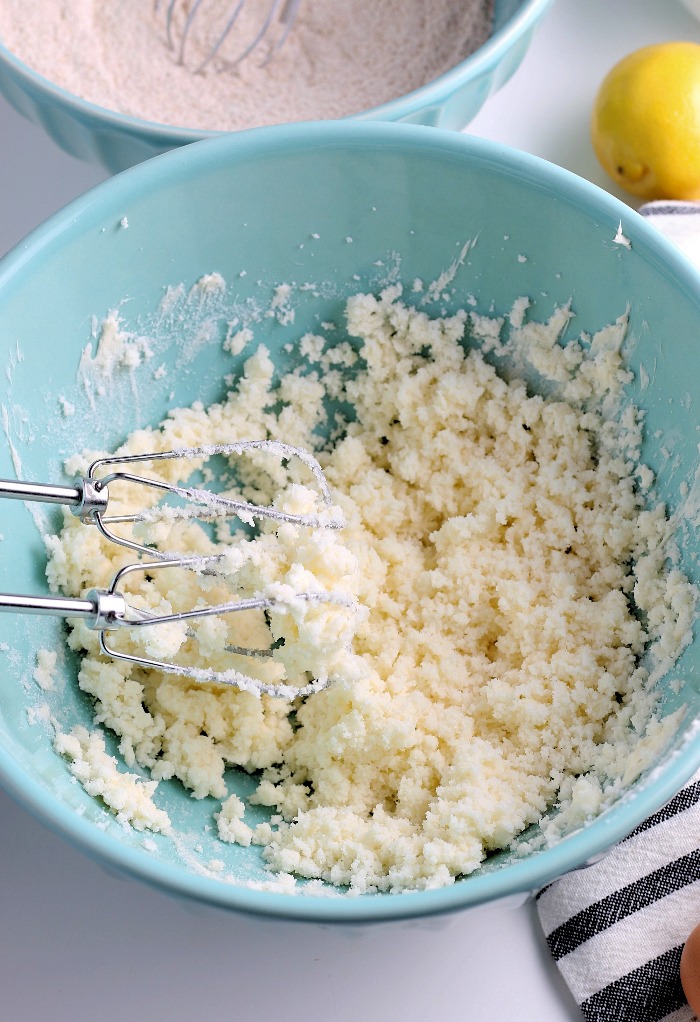 This photo shows what the butter and sugar look like mixed together for banana bread with chocolate chips. 