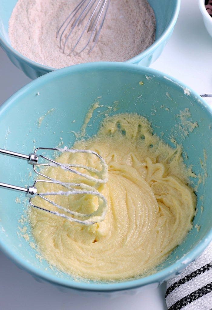 This photo shows the smooth batter ready to have more ingredients added for our delicious banana bread. 