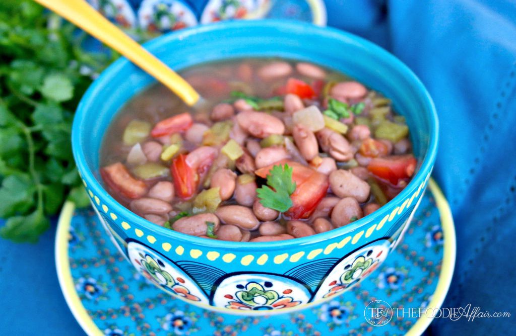 Mexican pinto beans crock pot recipe in a teal bowl