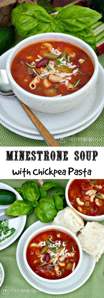 This healthy and delicious Minestrone Soup is pure comfort food! Made with a variety of vegetables and a unique pasta make from chickpeas. Try this high protein, gluten-free dish! The Foodie Affair
