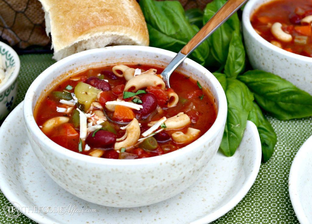 This healthy and delicious Minestrone Soup is pure comfort food! Made with a variety of vegetables and a unique pasta make from chickpeas. Try this high protein, gluten-free dish! The Foodie Affair