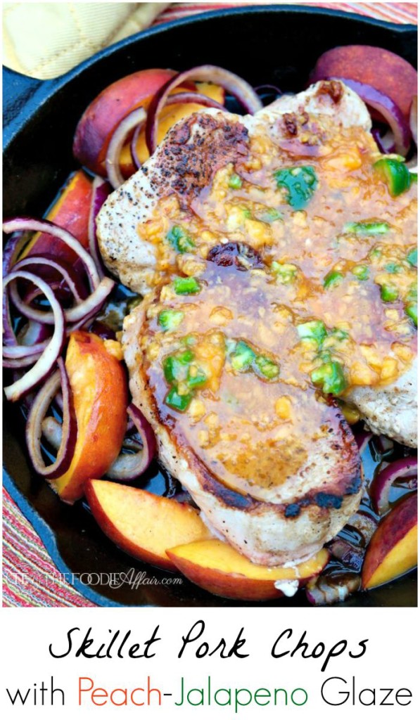 Skillet Pork Chops with Peach Jalapeno Glaze. This simple and flavorful skillet meal comes together quickly and is suitable for serving guests! The Foodie Affair
