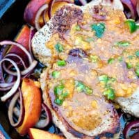 Skillet Pork Chops with Peach Jalapeno Glaze. This simple and flavorful skillet meal comes together quickly and is suitable for serving guests! The Foodie Affair