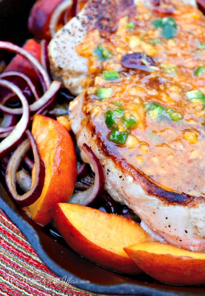 Skillet Pork Chops with Peach Jalapeno Glaze . This simple and flavor skillet meal comes together quickly and is suitable for serving guests! The Foodie Affair