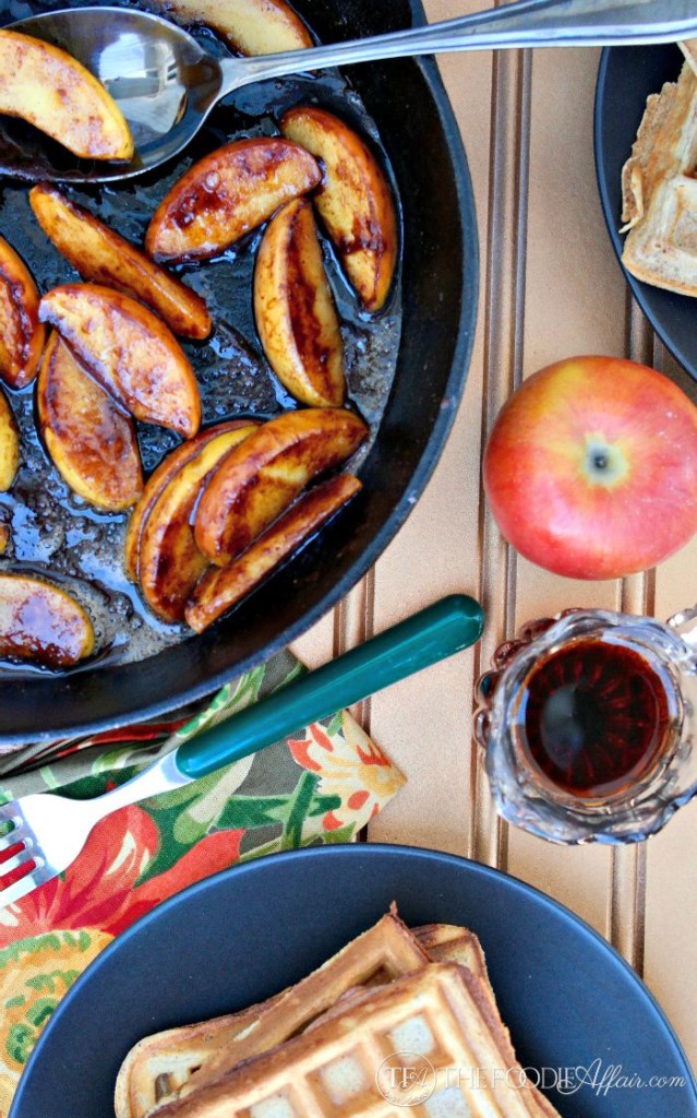 Apple Spice Waffles made with whole wheat and fresh grated apples topped with pan fried caramelized apples. The Foodie Affair 