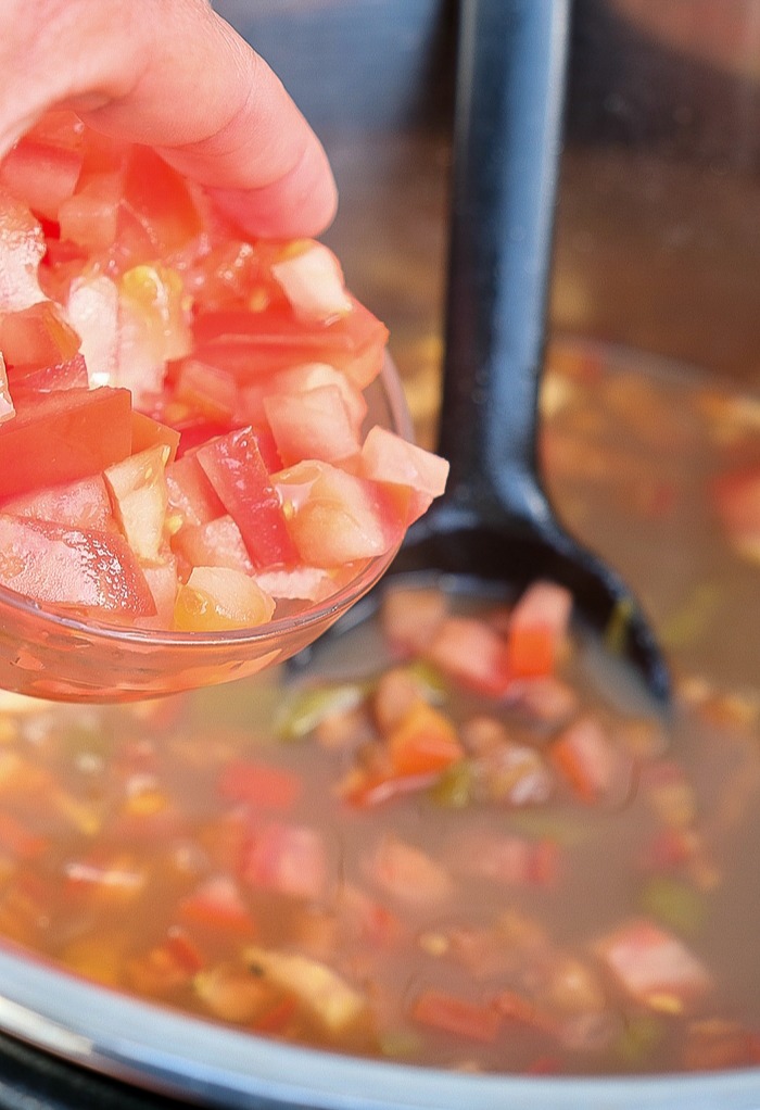 Mexican beans in a slow cooker with fresh chopped tomatoes.