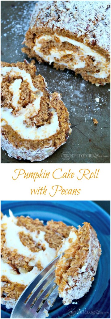 Easy Pumpkin Cake Roll with pecans and a cream cheese filling. This will be a hit at your next gathering! The Foodie Affair