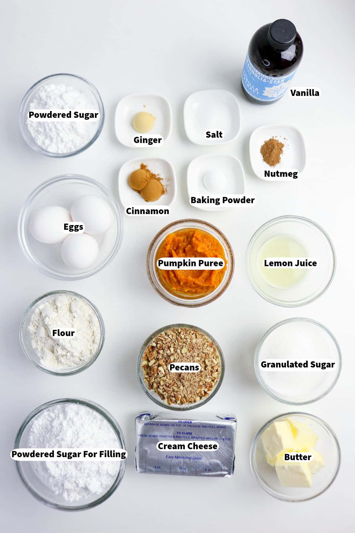 Ingredients to make pumpkin roll cake.