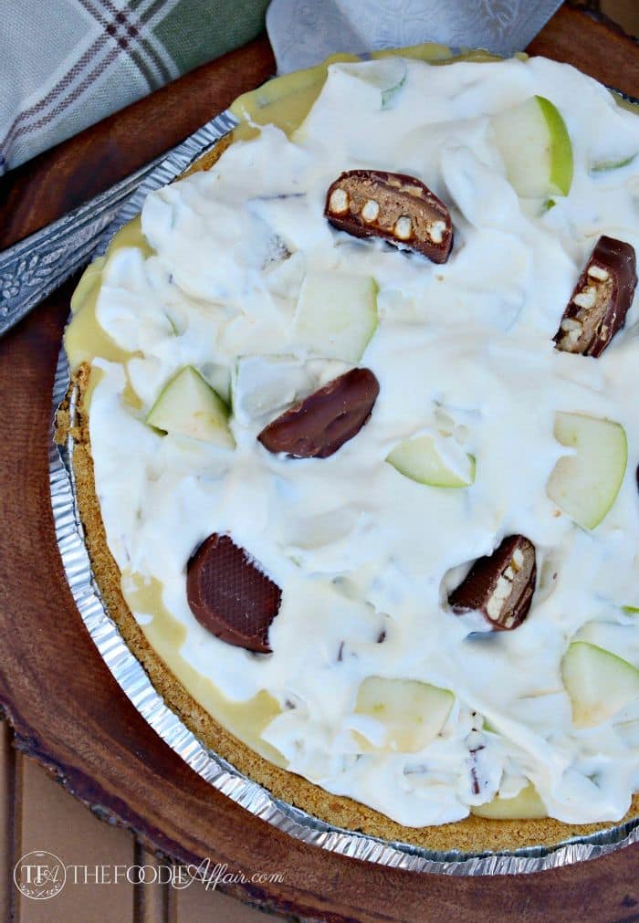 No Bake Take 5 Apple Pie is a delicious combination of chopped candy bars and apples folded into pudding and whipped cream! The Foodie Affair