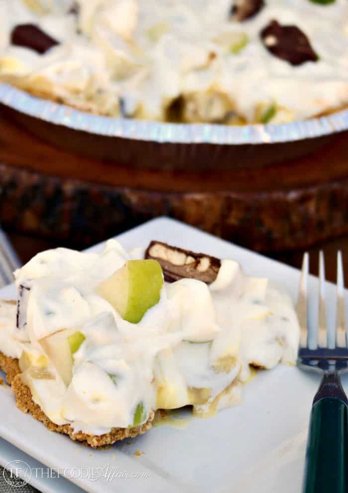 No Bake Take 5 Apple Pie is a delicious combination of chopped candy bars and apples folded into pudding and whipped cream! The Foodie Affair