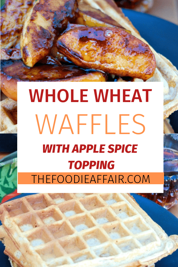 Apple Spice Waffles made with whole wheat flour and fresh grated apples topped with pan fried caramelized apples.  This makes a delicious breakfast, brunch or dessert! #waffles #wheat #apples #fall #brunchidea #healthyrecipe #thefoodieaffair