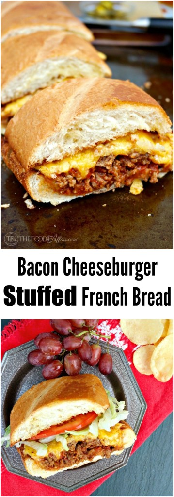 This Bacon Cheeseburger Stuffed French bread is packed with a flavorful beef mixture and then topped with a gooey layer of cheese! Add additional condiments for a full burger experience! The Foodie Affair