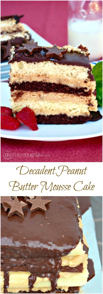 This Peanut Butter Mousse Cake has multiple cake layers with a peanut butter filling and then topped with ganache! Decadent dessert for any special occasion! The Foodie Affair