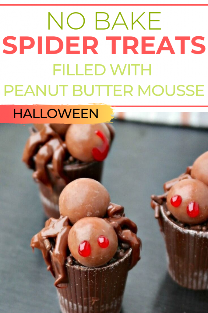 Easy Halloween Spider Treats made from chocolate cups filled with peanut butter mouse and decorated with candy that are shaped like a spider! A fun and tasty way to spruce up a dessert party table!  #Halloween #chocolate #treat #dessert #spider #mousse #thefoodieaffair