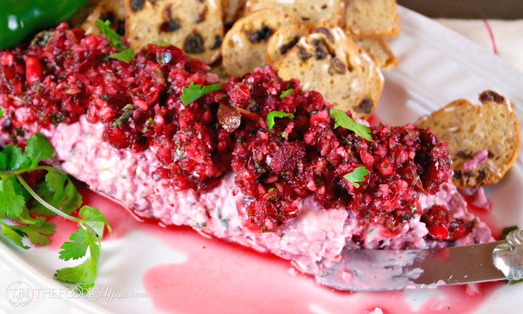 Cranberry Jalapeno Salsa with red chopped fresh cranberries on a serving platter