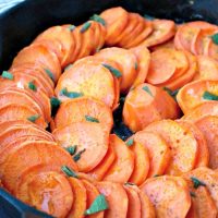 Roasted sweet potatoes in a cast iron skillet