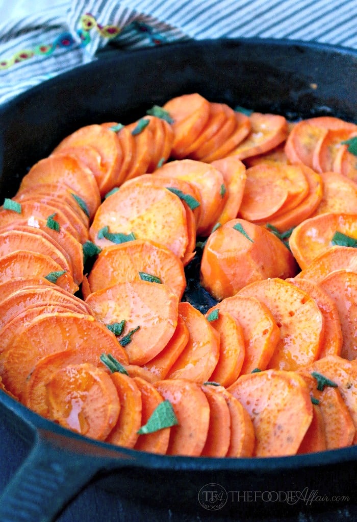 Roasted sweet potatoes in a cast iron skillet