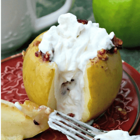 These stuffed baked apples are filled with chopped pecans, cranberries, brown sugar and butter! This easy dessert is a scrumptious dessert for two and are also elegant enough to be served at a dinner party! #apples #fall #bake #pecan #easyrecipe #dessert | www.thefoodieaffair.com