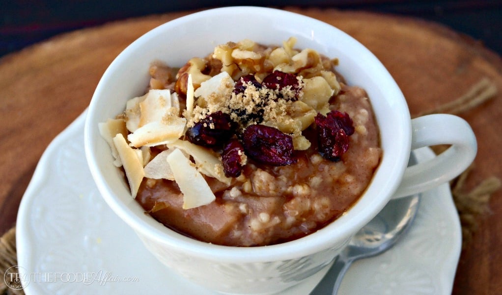 Make this healthy Apple Cinnamon Steel Cut Oatmeal right in your slow cooker. Add your favorite toppings and enjoy a creamy flavorful breakfast! The Foodie Affair