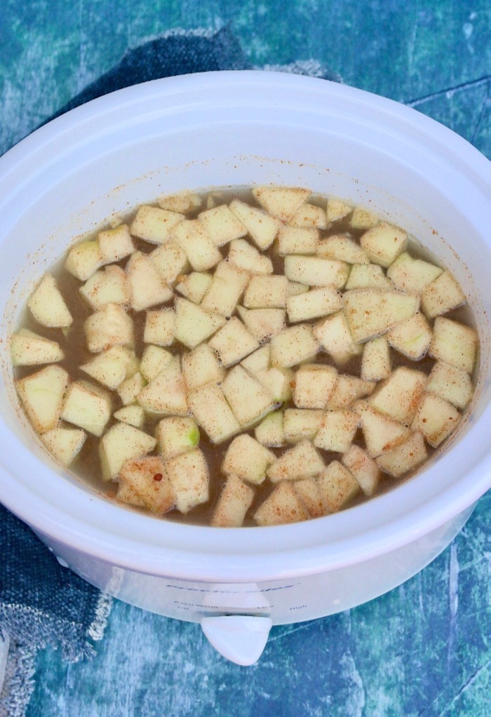 All ingredients for slow cooked apple cinnamon oatmeal in a white crock pot. 