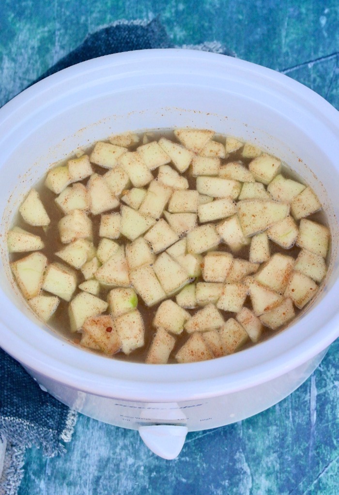 All ingredients for slow cooked apple cinnamon oatmeal in a white crock pot. 