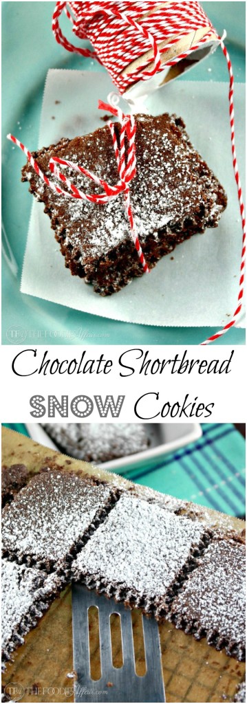 These Chocolate Shortbread Snow Cookies will melt in your mouth! Rich chocolate, light and tender sprinkled with powdered sugar snow! The Foodie Affair