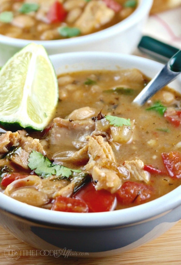This crowd pleasing White Bean Chili with leftover Turkey is low fat, filling and packed with flavor! The Foodie Affair