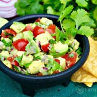 avocado dip in a small black salsa dish