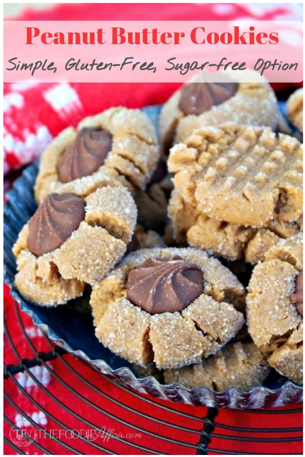 Only five ingredients needed to make these flourless peanut butter cookies. Keep them simple with the traditional criss-cross pattern or add chocolate! #flourless #cookies #peanutbutter