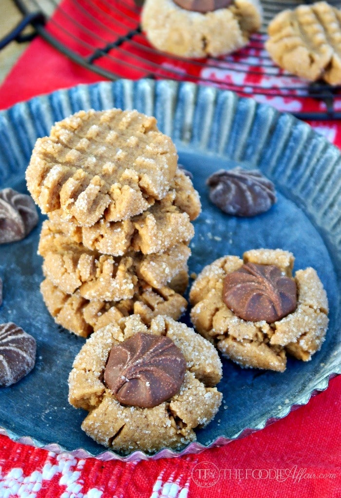 Flourless peanut butter cookies on a tin platter