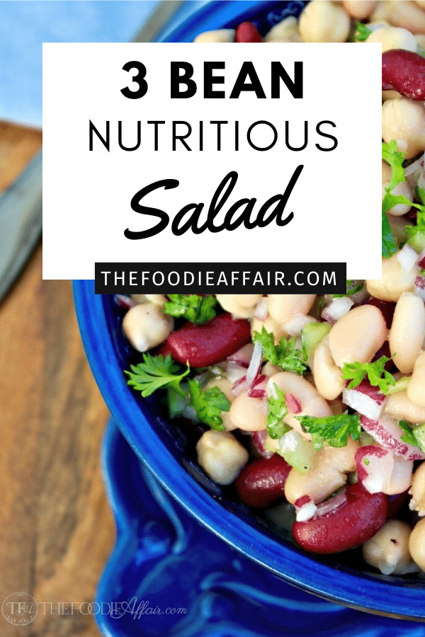 Three bean salad recipe is made with kidney, garbanzo and cannellini beans tossed in a light dressing for a delicious side dish or lunch when served on a bed of lettuce. #salad #beans #threebeans #summerside #sidedish